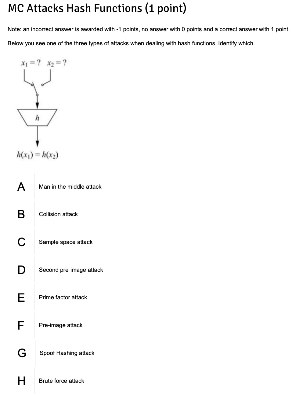 Attack Hash Function MC Attacks Hash Functions (1 point) Note: an incorrect