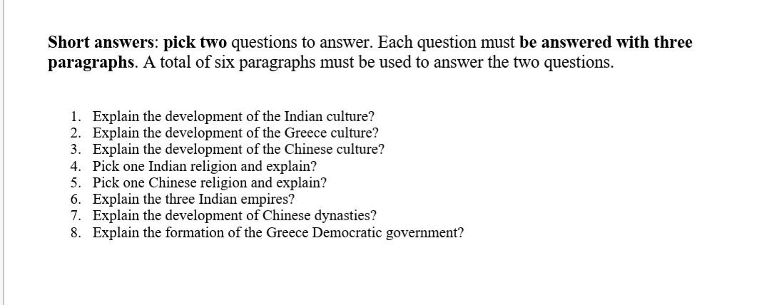  Short answers: pick two questions to answer. Each question must be