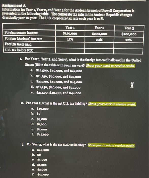  Assignment A Information for Year 1, Year 2, and Year 3