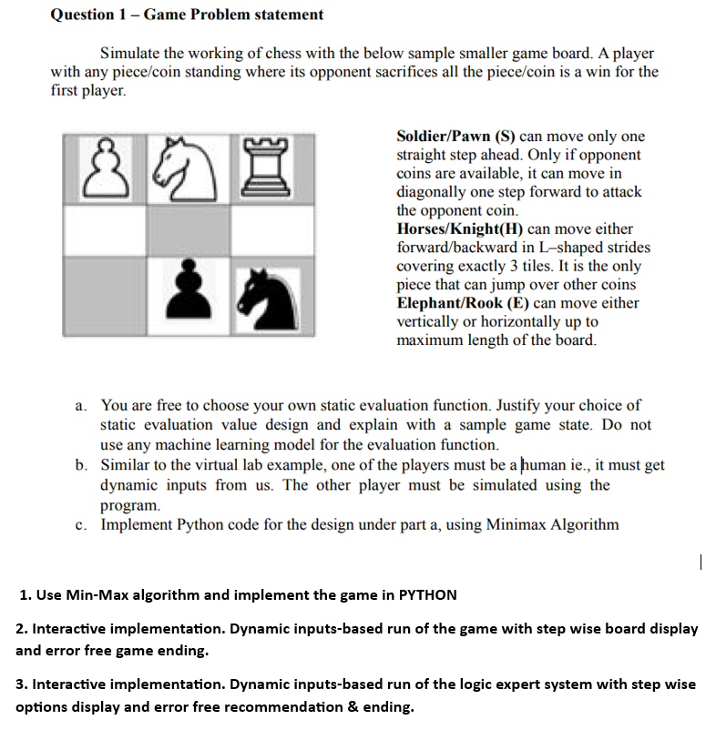 Question 1-Game Problem statement Simulate the working of chess with the