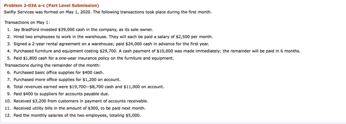  Problem 2-03A a-c (Part Level Submission) Swifty Services was formed on