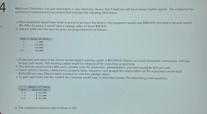  Matheson Electronics has just developed a new electronic device that it