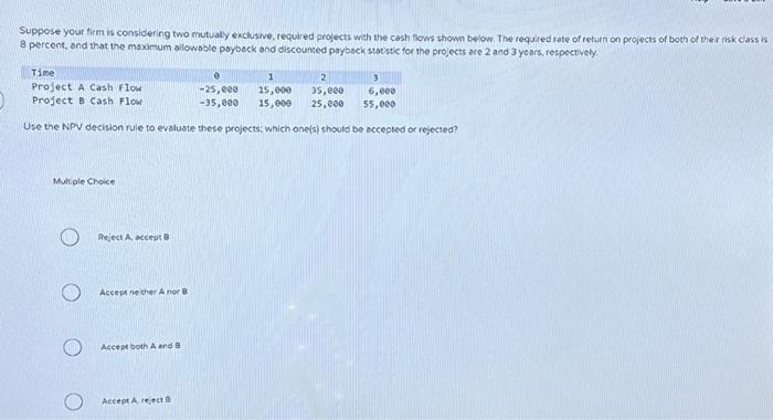  Suppose your firm is considering two mutually excluswe, required projects with