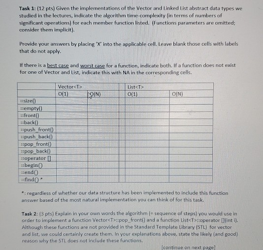 Task 1: (12 pts) Given the implementations of the Vector and