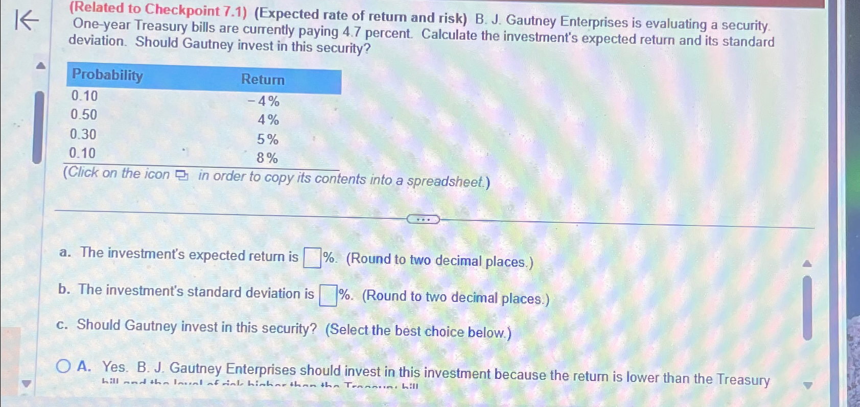  (Related to Checkpoint 7.1)(Expected rate of retum and risk) B. J.