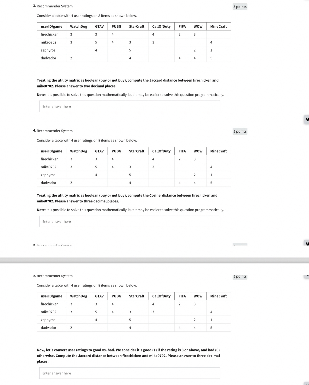  Recommender System 5 points Consider a table with 4 user ratings