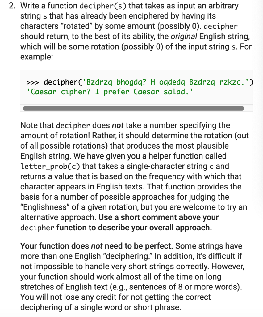  2. Write a function decipher(s) that takes as input an arbitrary