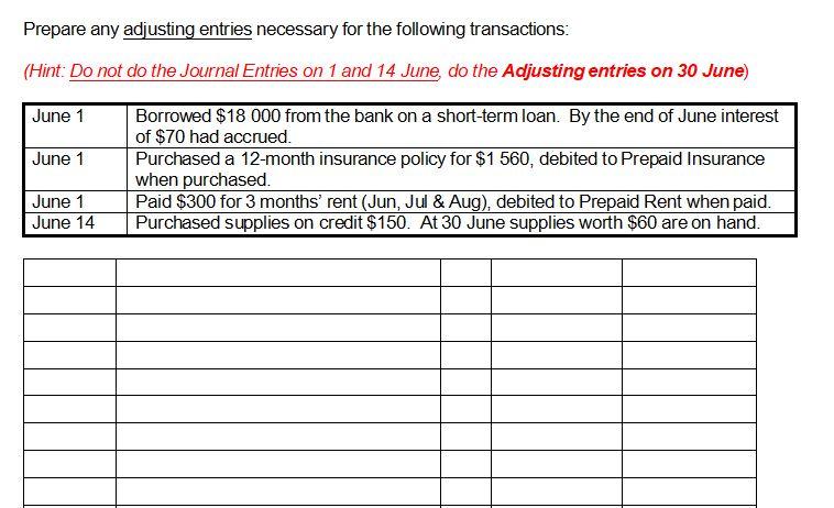 The entries are required as a copy-able formatted table (not a screenshot).