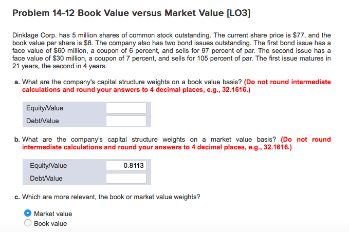  Problem 14-12 Book Value versus Market Value [L03] Dinklage Corp. has