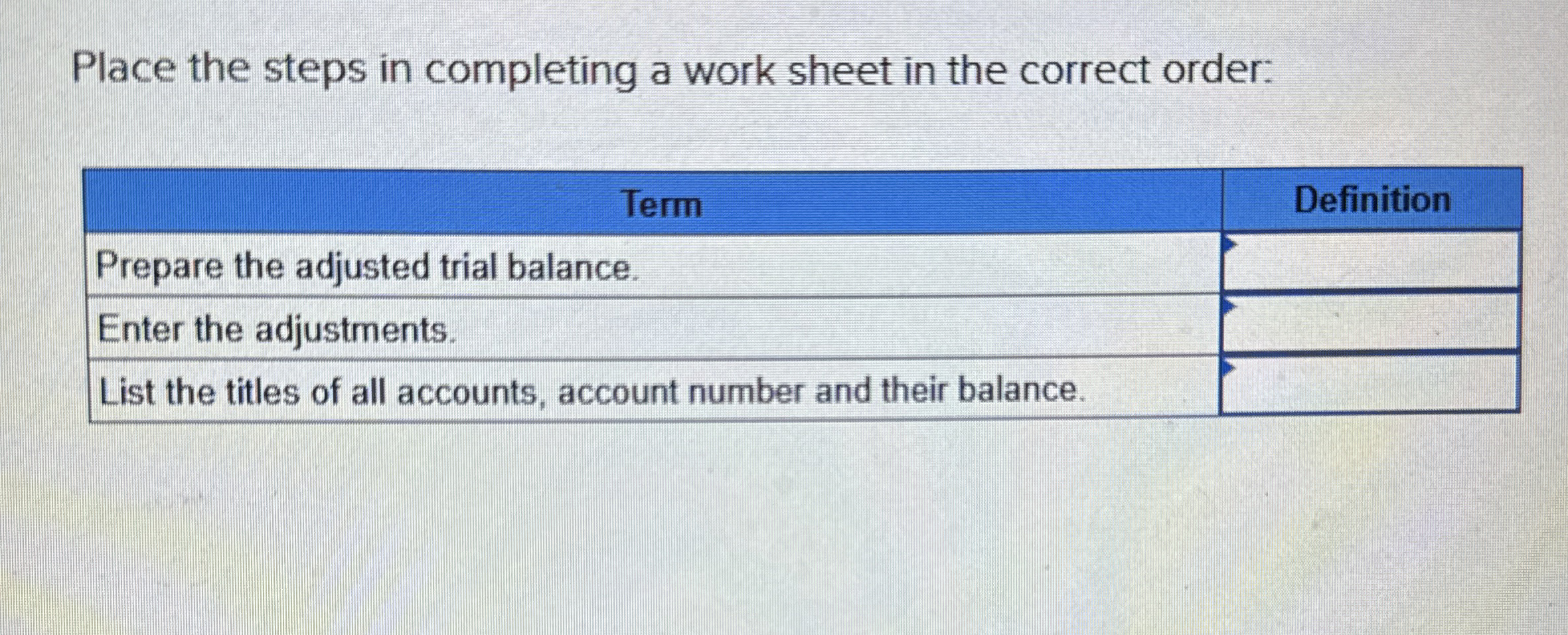  Place the steps in completing a work sheet in the correct