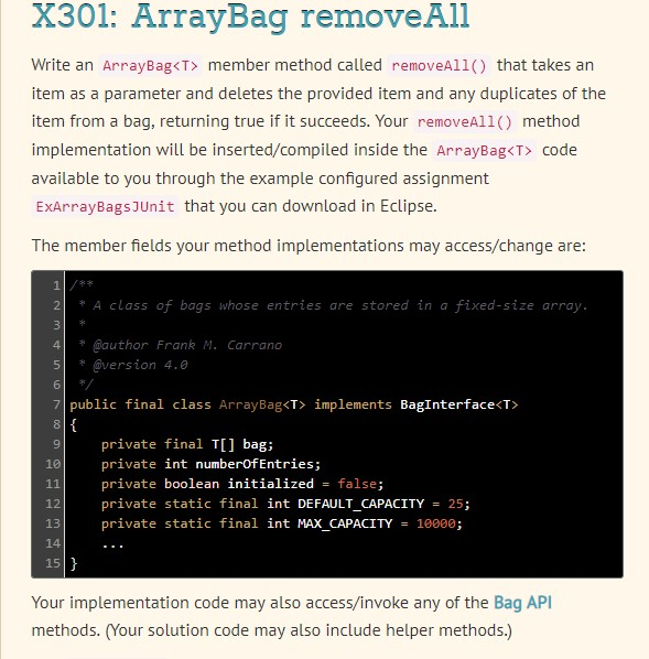  java codeworkout problem number: x301: arraybag removeall X301: ArravBag removeAl Write