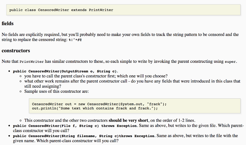 Please help with this JAVA coding problem: public class C ensoredWriter extends