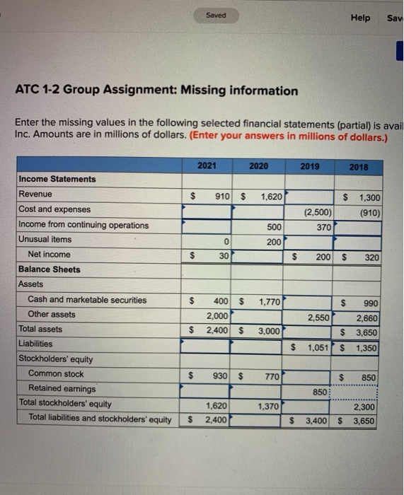 missing information Saved Help Sav ATC 1-2 Group Assignment: Missing information Enter