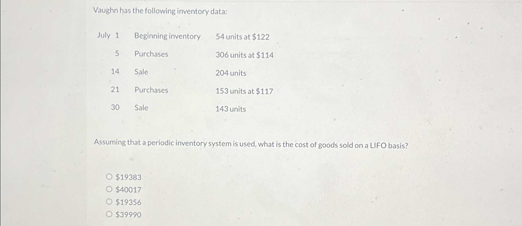  Vaughn has the following inventory data: \table[[July 1,Beginning inventory,54 units at