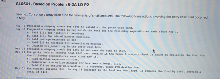 GL0601 - Based on Problem 6-2A LO P2 Sanchez Co. set