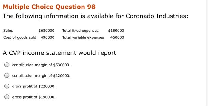  Multiple Choice Question 98 The following information is available for Coronado