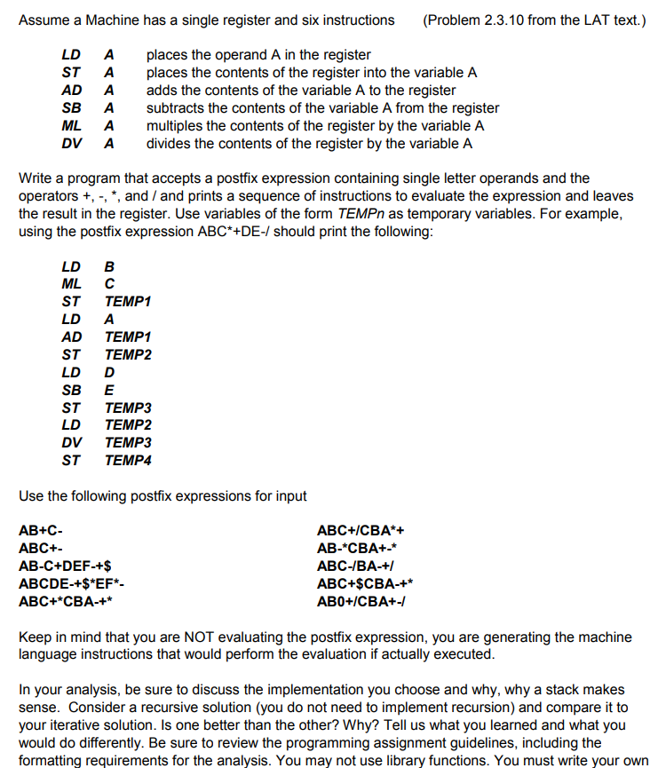  Assume a Machine has a single register and six instructions (Problem