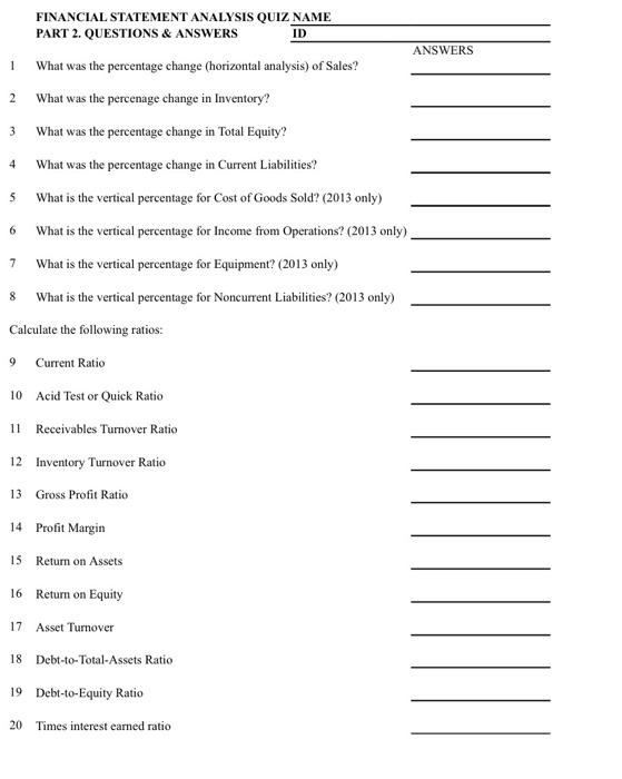 Cure FINANCIAL STATEMENT ANALYSIS OLLENAME PARTOESTROS ANTERS FINANCIAL STATEMENT ANALYSIS QUIZ PART