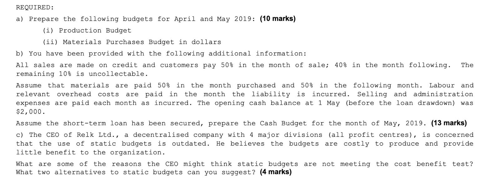 of Relk Ltd., manufactures small jewellery boxes. In March 2019 the manager