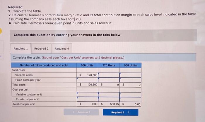 6-1, 6-2] Hermosa, Inc., produces one model of mountain bike. Partial information