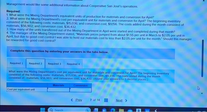 materials and conversion for April? 2. What were the Mixing Department's cost