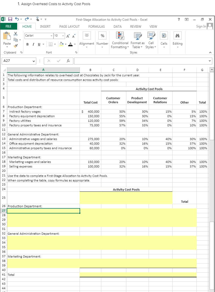 I need help with any formulas. 1. Assign Overhead Costs to Activity