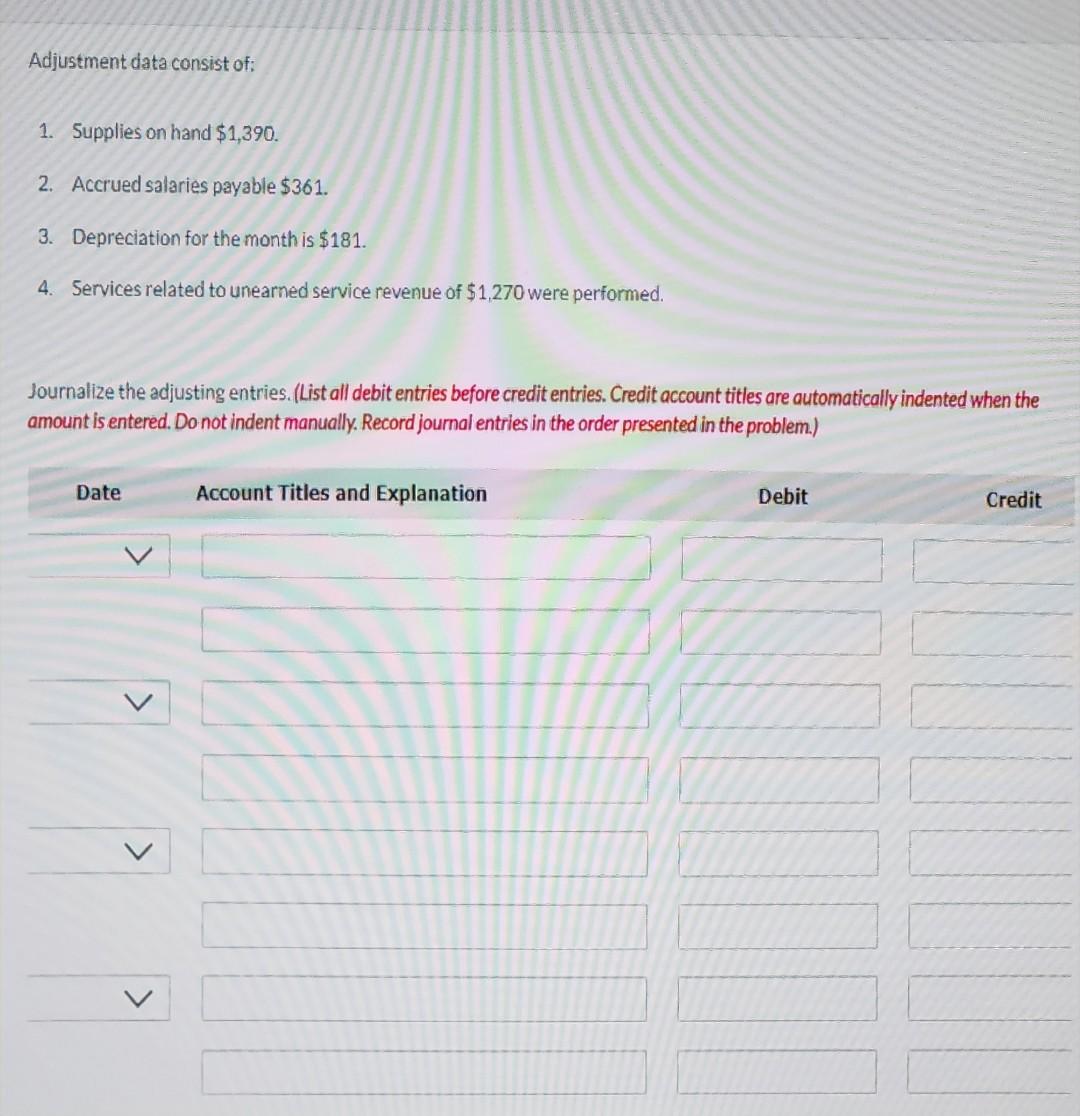 25 Paid salaries $1,680. 27 Performed services on account and billed customers