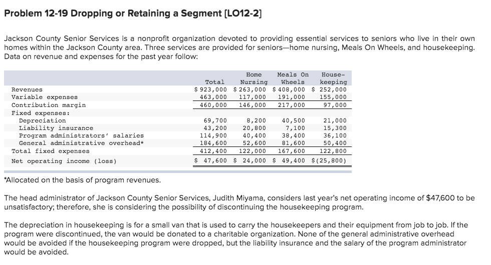  Problem 12-19 Dropping or Retaining a Segment (L012-2] Jackson County Senior