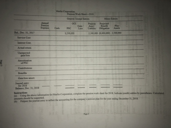  A. Using the above information for Marlin Corp, complete the pension