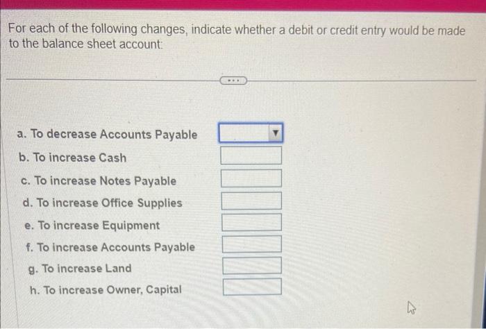  For each of the following changes, indicate whether a debit or