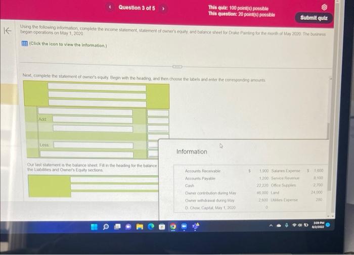 April are Using the following information, complete the incomie statement, statement of