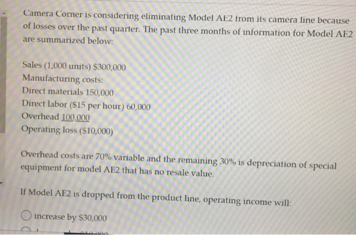  Camera Corner is considering eliminating Model AE2 from its camera line