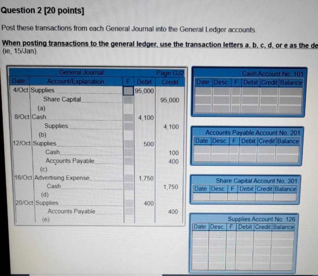  Question 2 [20 points] Post these transactions from each General Journal