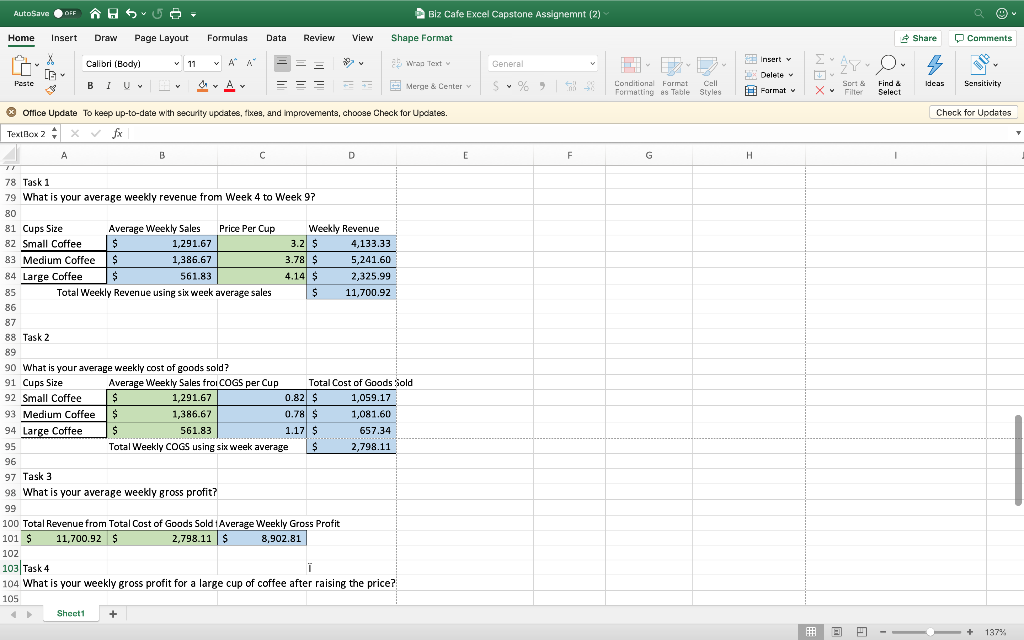 D Biz Cafe Excel Capstone Assignemnt (2) Shape Format 2Wraa Text General