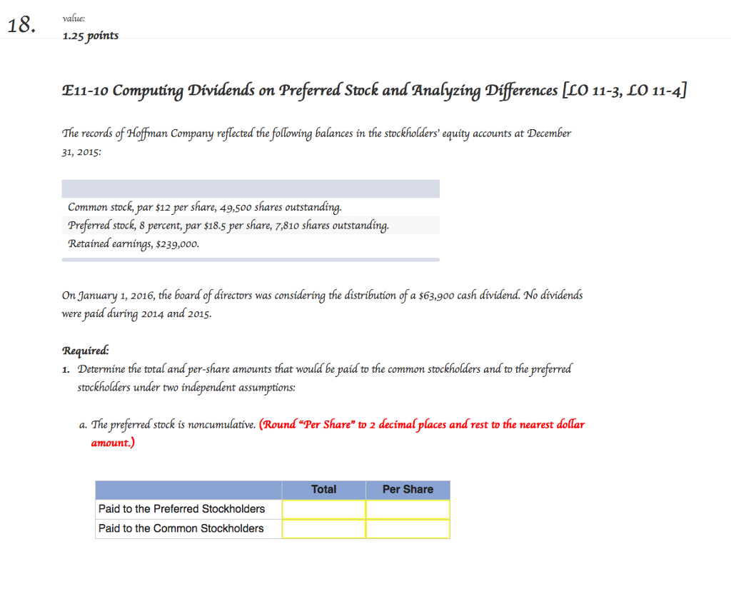  18. value: 1.25 points E11-10 Computing Dividends on Preferred stock and