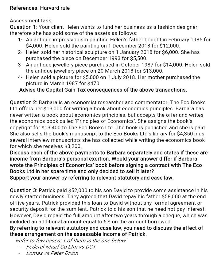  References: Harvard rule Assessment task Question 1: Your client Helen wants