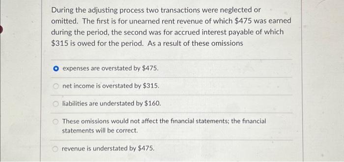  During the adjusting process two transactions were neglected or omitted. The