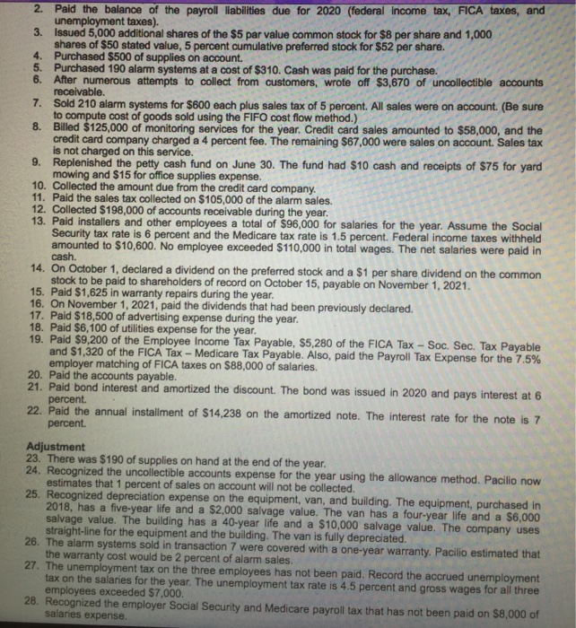  CH. 11 - Comprehensive Problem: Pacilio Security Services, Inc.; Effects of