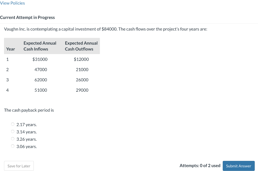 View Policies Current Attempt in Progress Vaughn Inc. is contemplating a