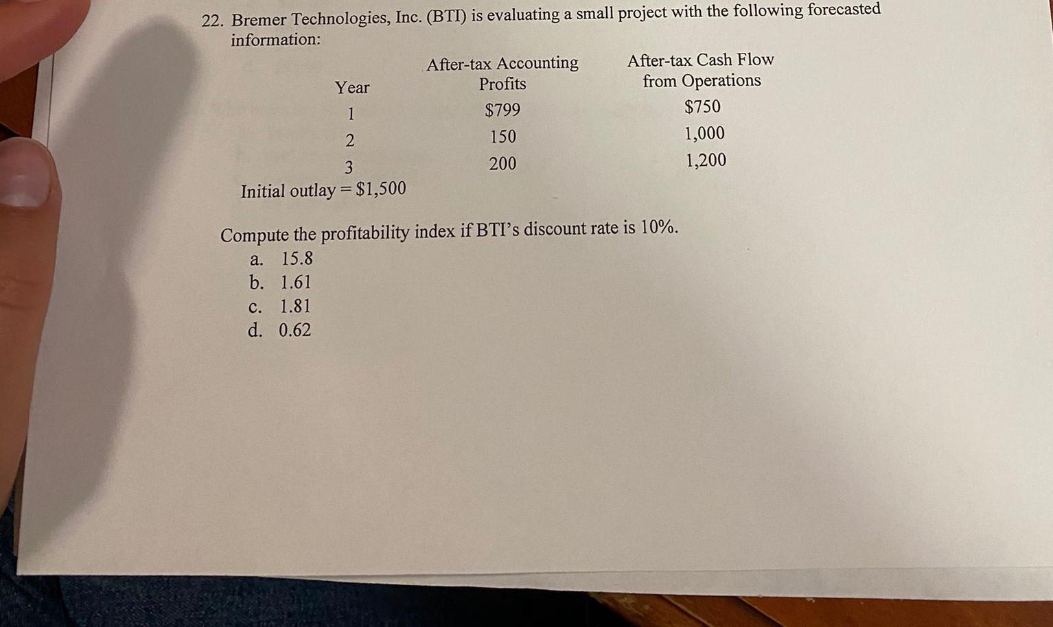  22. Bremer Technologies, Inc. (BTI) is evaluating a small project with