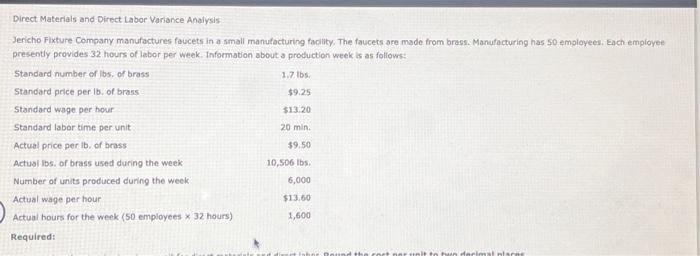  Direct Materials and Direct Labor Variance Analysis Jericho Flxture Company manufactures