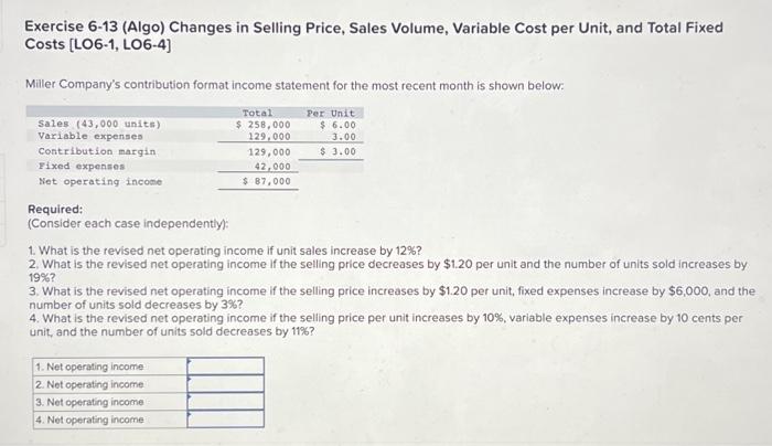 Exercise 6-13 (Algo) Changes in Selling Price, Sales Volume, Variable Cost