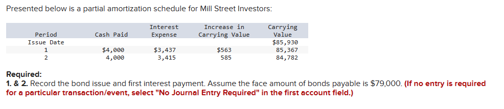 Presented below is a partial amortization schedule for Mill Street Investors: