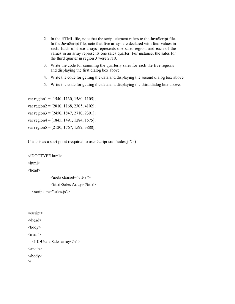with five arrays that represent sales regions, and each array contains four