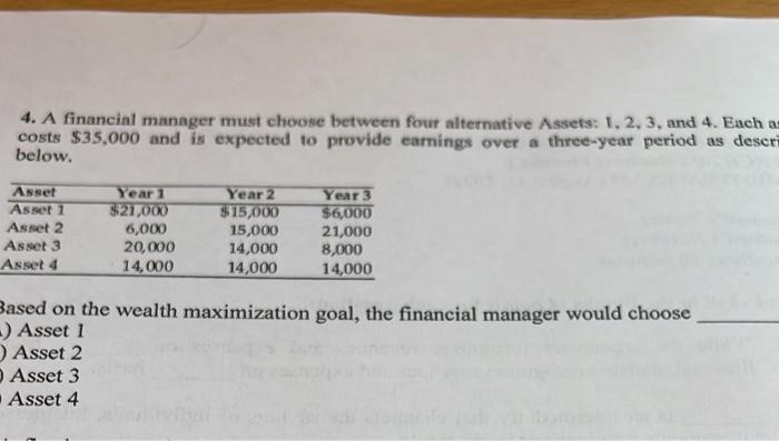  4. A financial manager must choose between four alternative Assets: 1,
