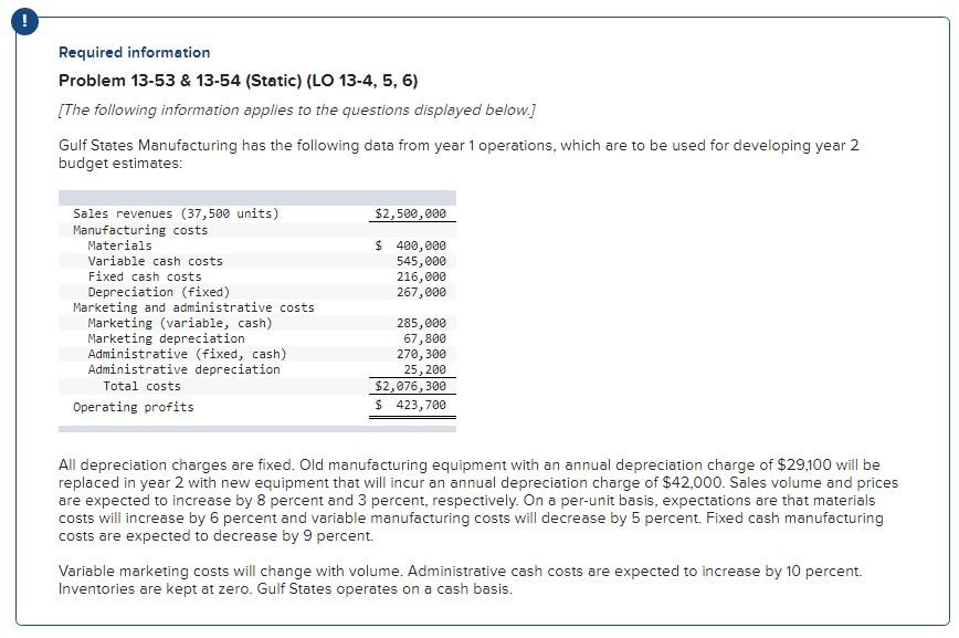  Required information Problem 13-53 \& 13-54 (Static) (LO 13-4, 5, 6)
