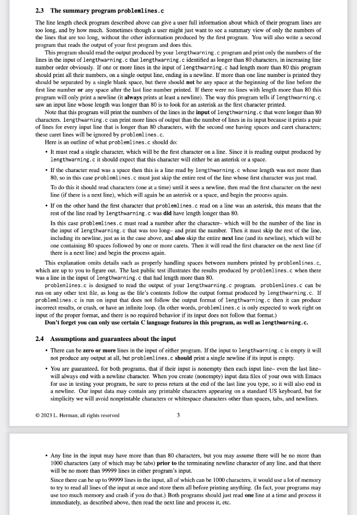  NEED IT ASAP PLEASE!!!!!! 2.3 The summary program problemlines.c The line