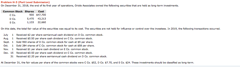 Problem H-3 (Part Level Submission) On December 31, 2018, the end
