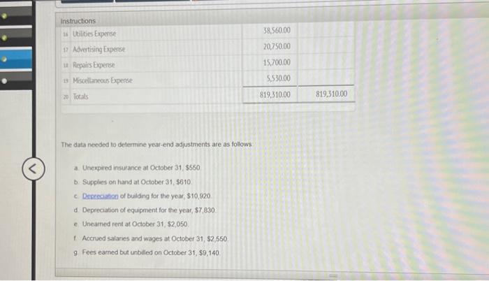 October 31, $610. c. Depreciation of building for the year, $10,920. d.