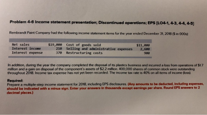  Problem 4-6 Income statement presentation; Discontinued operations; EPS (LO4-1, 4-3, 4-4,